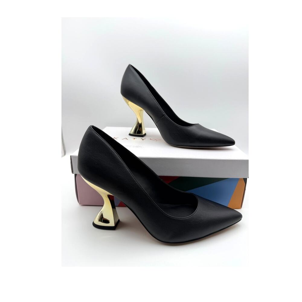 Katy Perry Laterr Pumps Black Gold Mirror Heels Size 9 Pointed Toe Original Box
